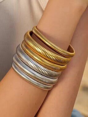 NEW 18K Yellow Gold Retro Snake Chain Elasticity Bangle Bracelet 12 mm